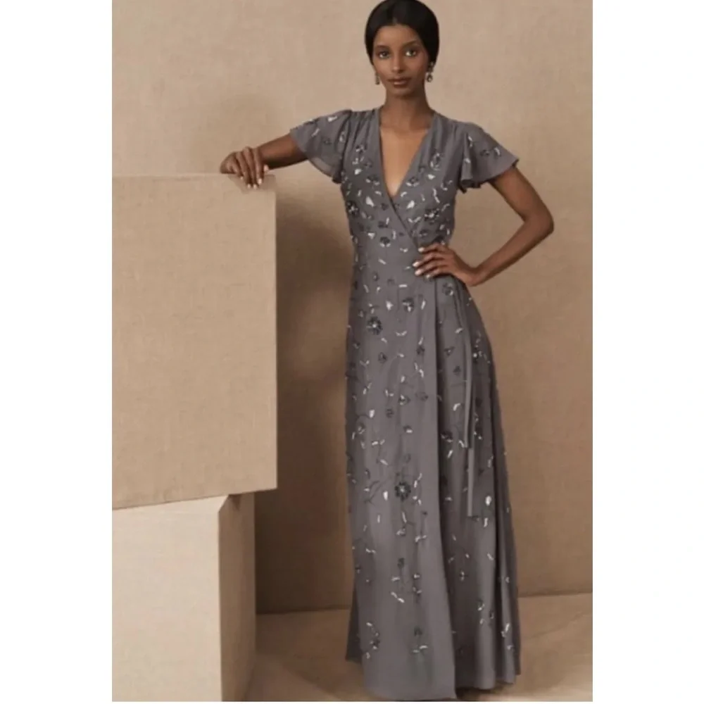 BHLDN Plymouth Grey Beaded Maxi Wrap Dress - Picture 1 of 10